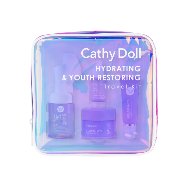 Cathy Doll hydrating and youth restoring travel kit with iridescent case on a white background