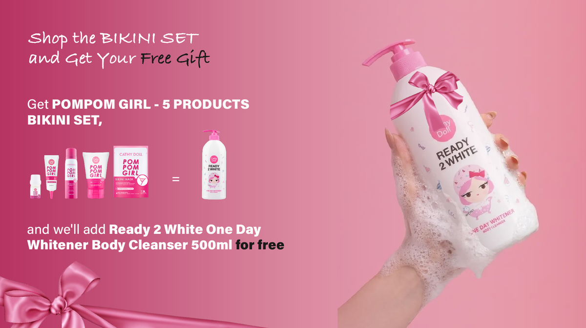 Shop the Pom Pom Girl Bikini Set and get the Ready 2 White One Day Whitener Body Cleanser 500ml free